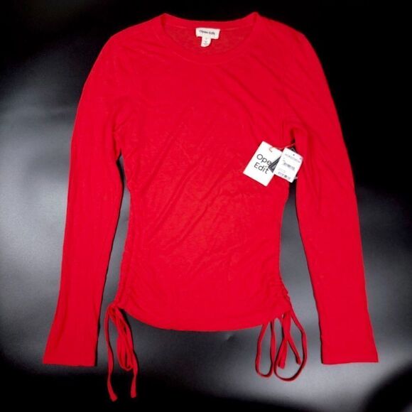 NORDSTROM Open Edit 90s Ruched Long Sleeve Crew Neck Top in Red Womens Small - Picture 1 of 7